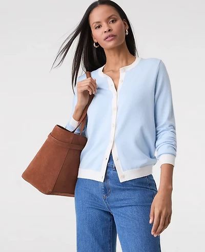 Ann Taylor Contrast Trim Cardigan Pristine Blue Women's