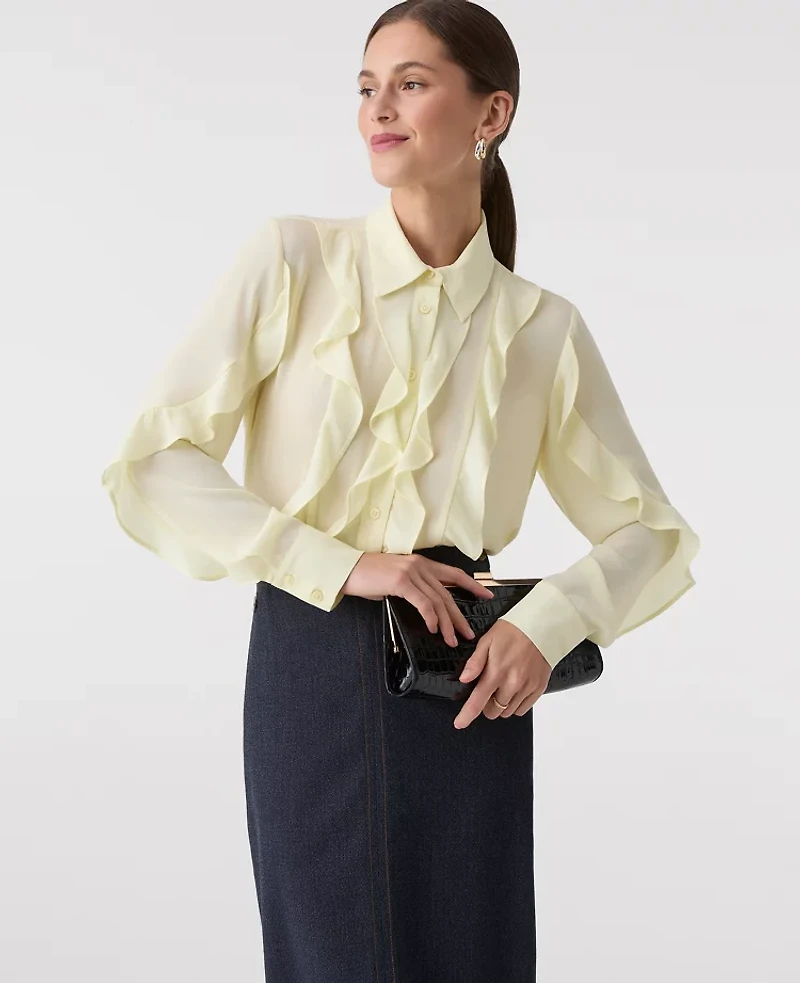 Ann Taylor Ruffle Button Down Shirt Tender Yellow Women's