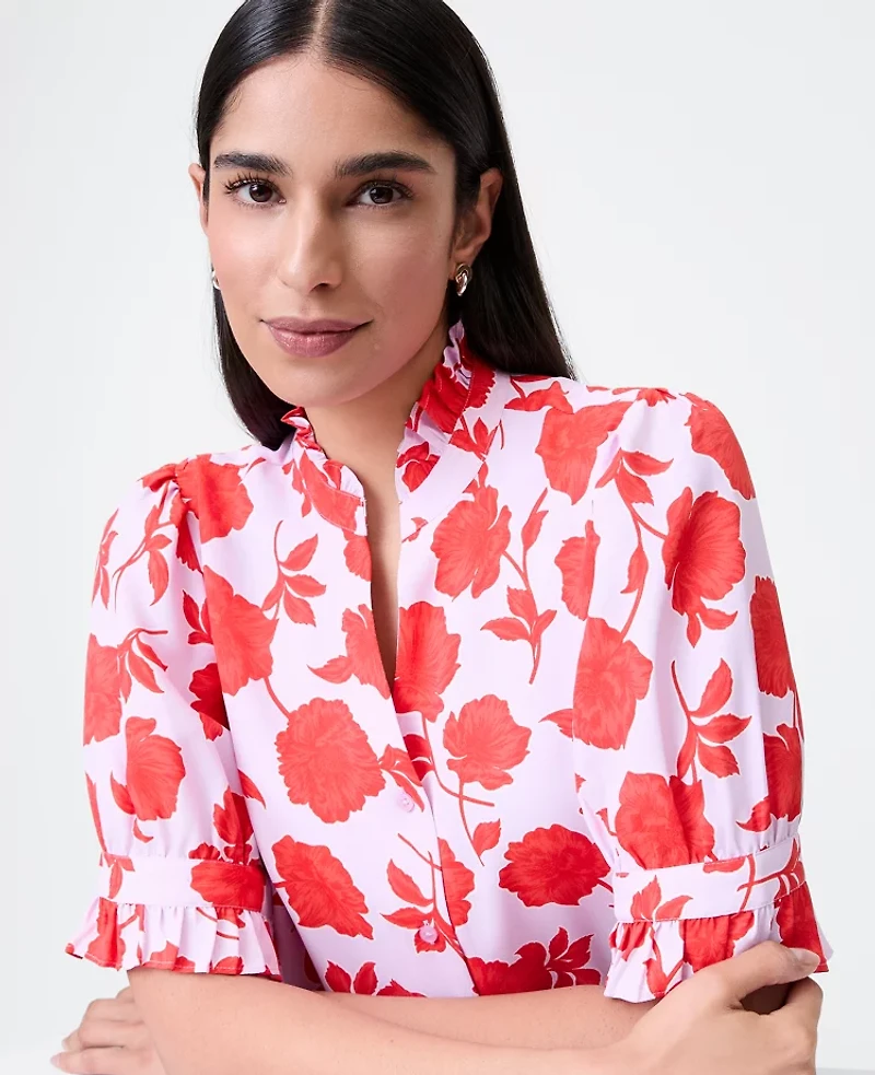Ann Taylor Floral Ruffle Collar Shirt Fiery Sunset Women's