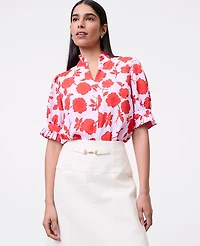 Ann Taylor Floral Ruffle Collar Shirt Fiery Sunset Women's