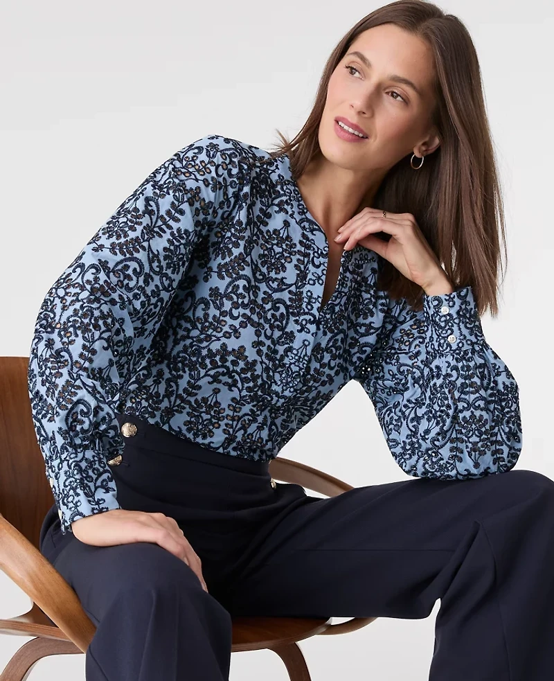 Ann Taylor Embroidered Floral Blouse Blue Multi Women's
