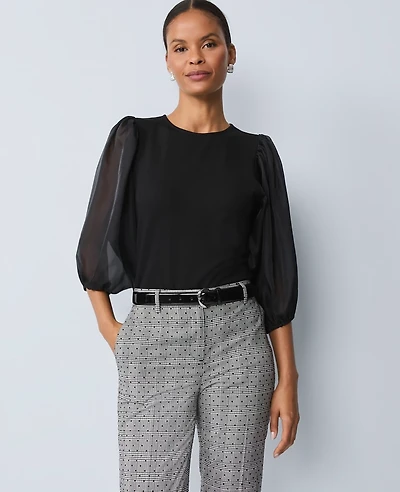 Ann Taylor Petite Puff Sleeve Mixed Media Top Black Women's