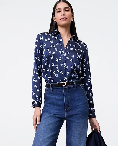 Ann Taylor Floral Satin Essential Shirt Indigo Dusk Women's