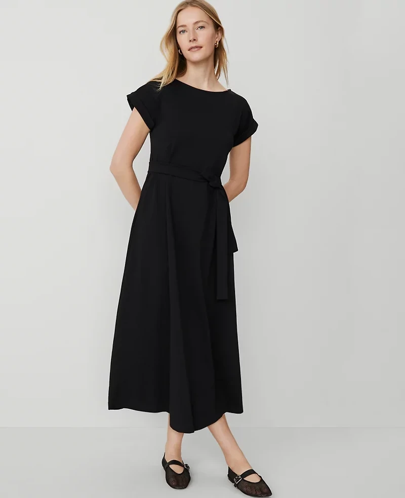 Ann Taylor Petite Weekend Collection Belted Knit Midi Dress Size Medium Black Women's