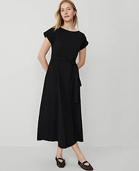 Ann Taylor Petite Weekend Collection Belted Knit Midi Dress Size Medium Black Women's