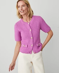 Ann Taylor Petite Geo Stitch Short-Sleeve Cardigan Size Small Orchid Glow Women's
