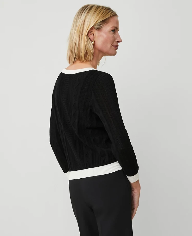 Ann Taylor Petite Contrast Mixed Stitch Sweater Black/White Combo Women's