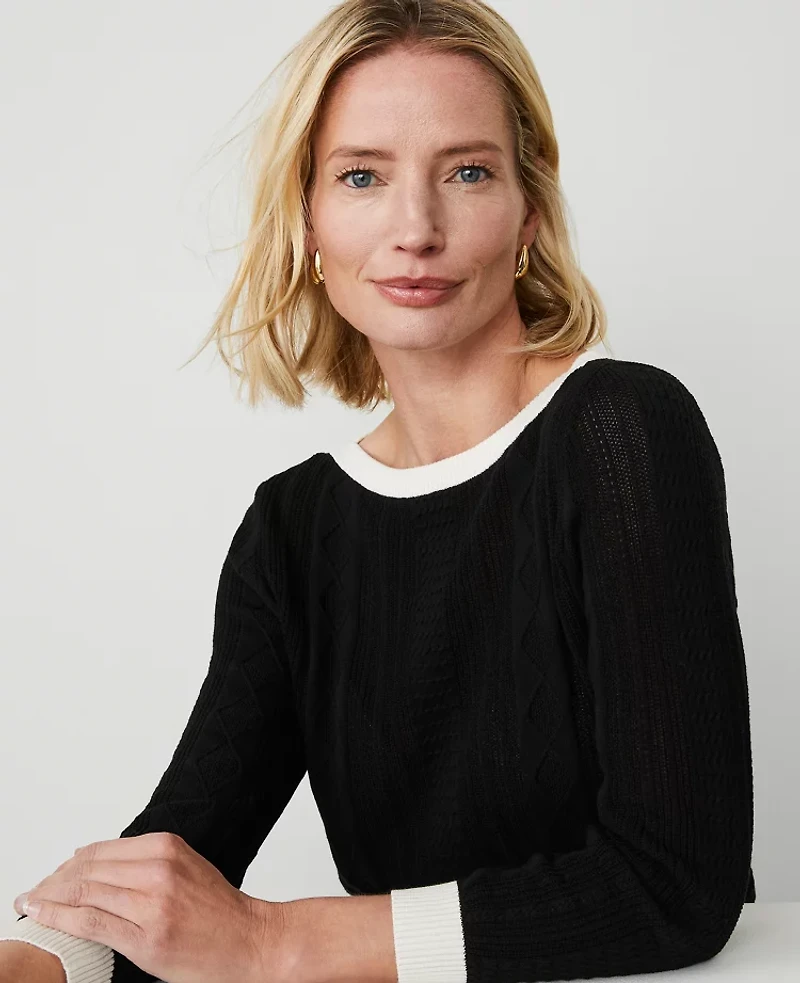 Ann Taylor Petite Contrast Mixed Stitch Sweater Black/White Combo Women's