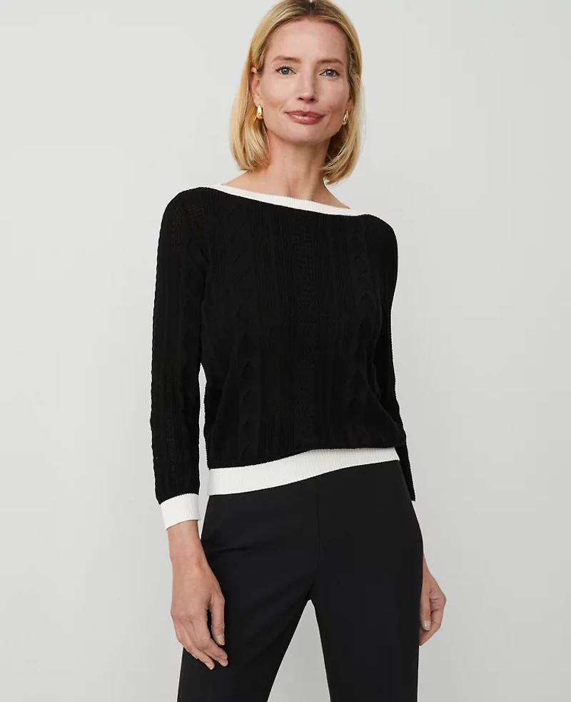 Ann Taylor Petite Contrast Mixed Stitch Sweater Black/White Combo Women's