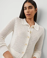 Ann Taylor Petite Crochet-Collar Cardigan Size Large Winter White Women's