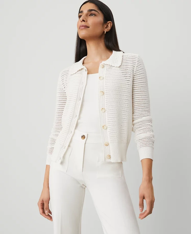 Ann Taylor Petite Crochet-Collar Cardigan Size Large Winter White Women's