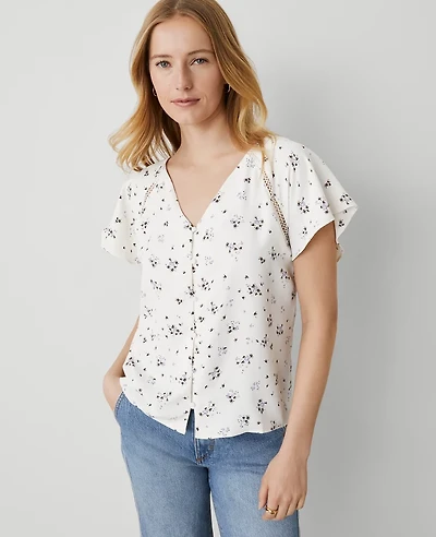 Ann Taylor Lace Floral Mixed Media Top Size XS Winter White Women's
