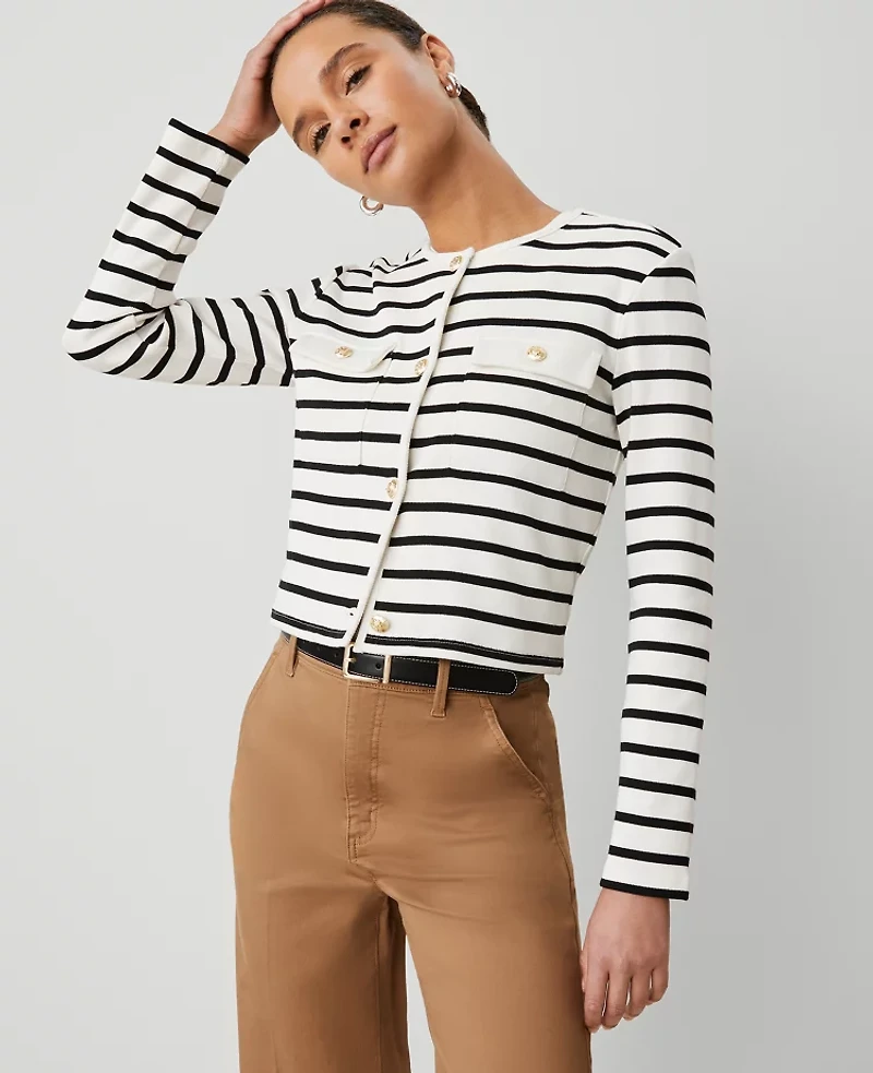 Ann Taylor Petite Weekend Collection Striped Knit Jacket Winter White - Black Women's