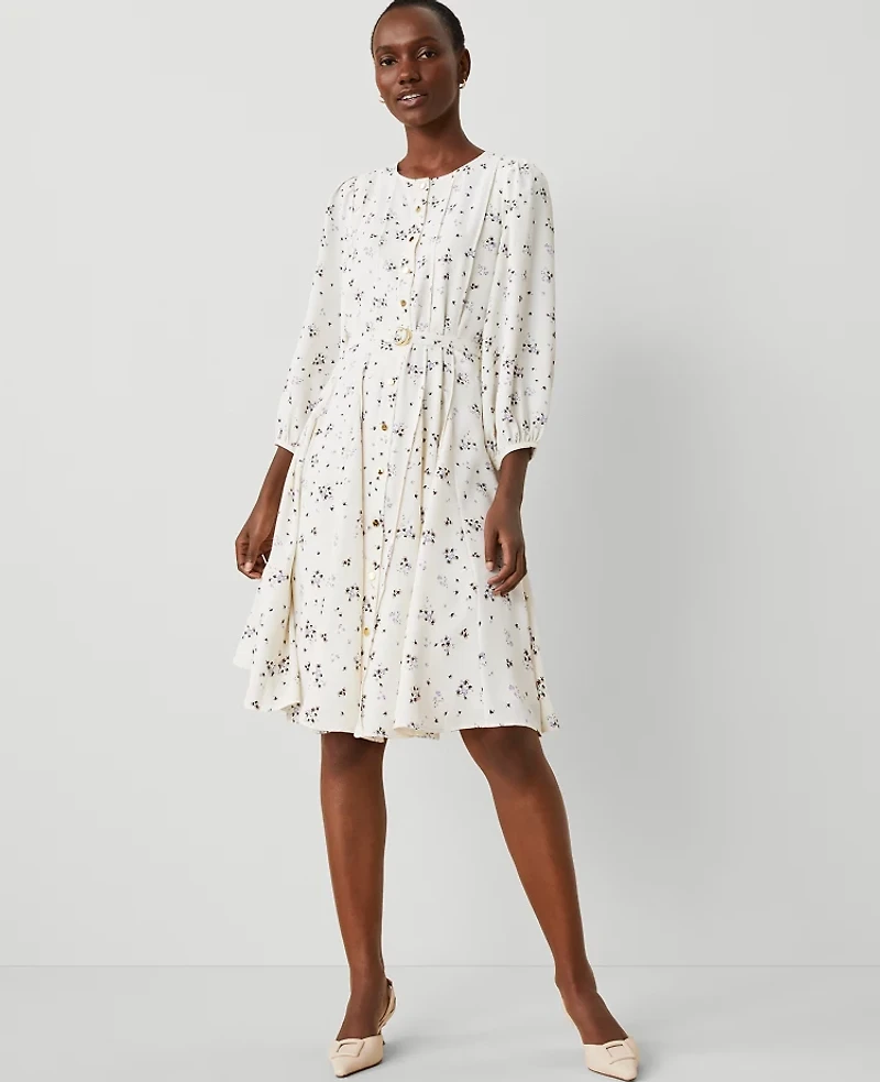Ann Taylor Floral Seamed Flare Dress Size 4 Winter White Women's