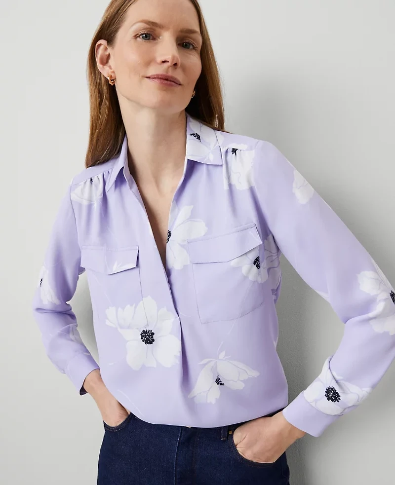 Ann Taylor Petite Floral Camp Shirt Size Medium Lilac Bud Women's