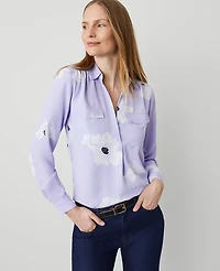 Ann Taylor Petite Floral Camp Shirt Size Medium Lilac Bud Women's