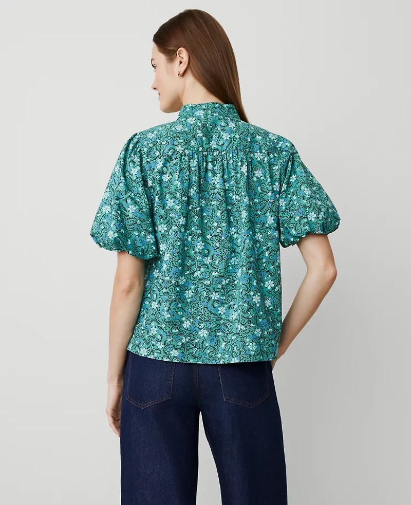 Ann Taylor Petite Floral Puff Sleeve Popover Top Size 2XS Mellow Mint Women's