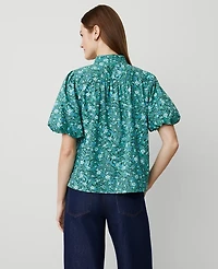 Ann Taylor Petite Floral Puff Sleeve Popover Top Size 2XS Mellow Mint Women's