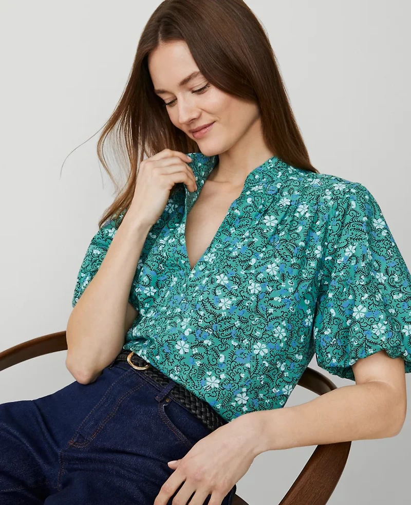 Ann Taylor Petite Floral Puff Sleeve Popover Top Size 2XS Mellow Mint Women's