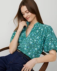 Ann Taylor Petite Floral Puff Sleeve Popover Top Size 2XS Mellow Mint Women's