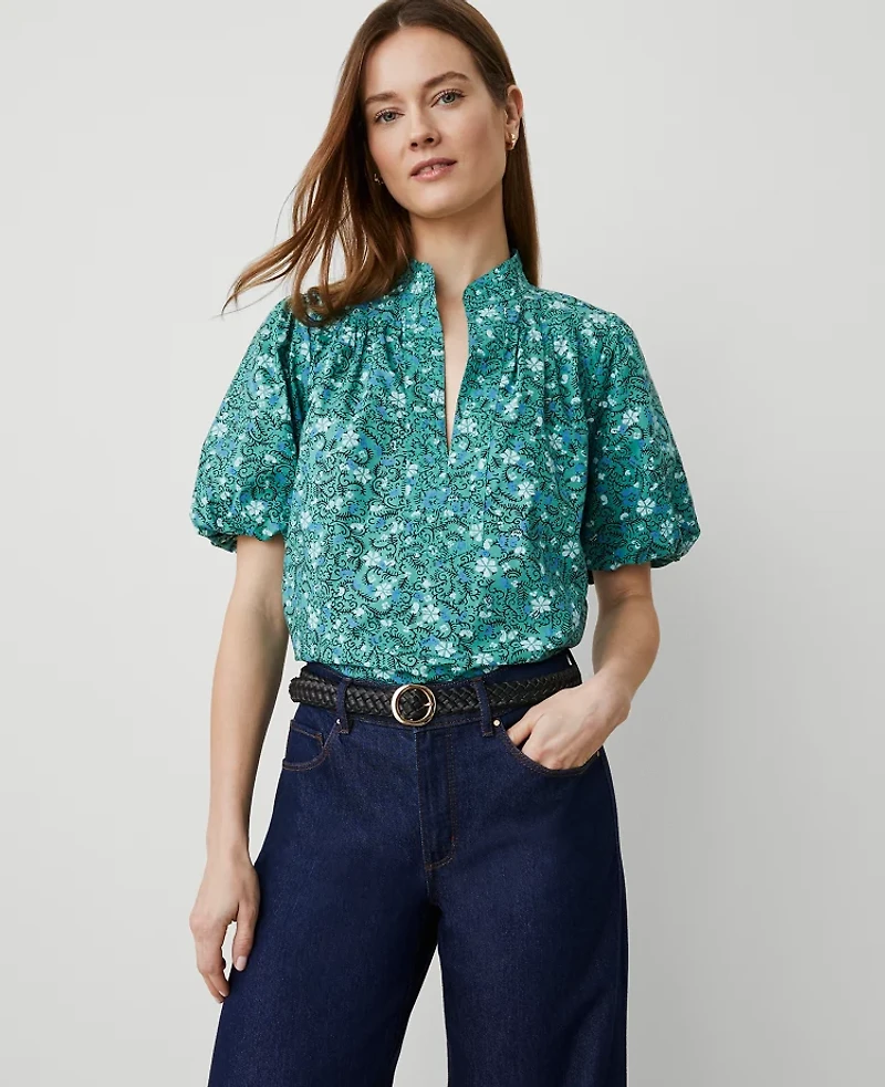 Ann Taylor Petite Floral Puff Sleeve Popover Top Size 2XS Mellow Mint Women's