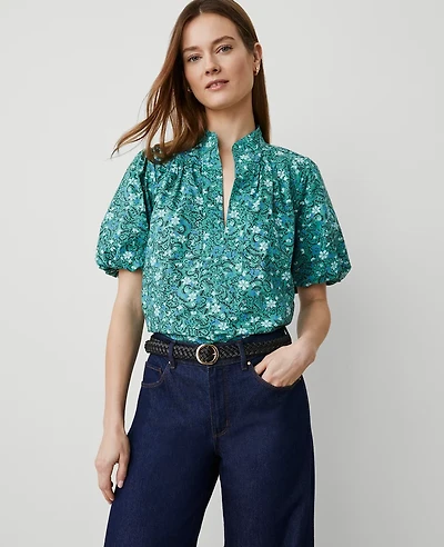 Ann Taylor Petite Floral Puff Sleeve Popover Top Size 2XS Mellow Mint Women's