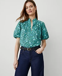 Ann Taylor Petite Floral Puff Sleeve Popover Top Size 2XS Mellow Mint Women's