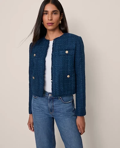 Ann Taylor The Cropped Crew Neck Jacket Tweed Moonlit Backdrop Women's