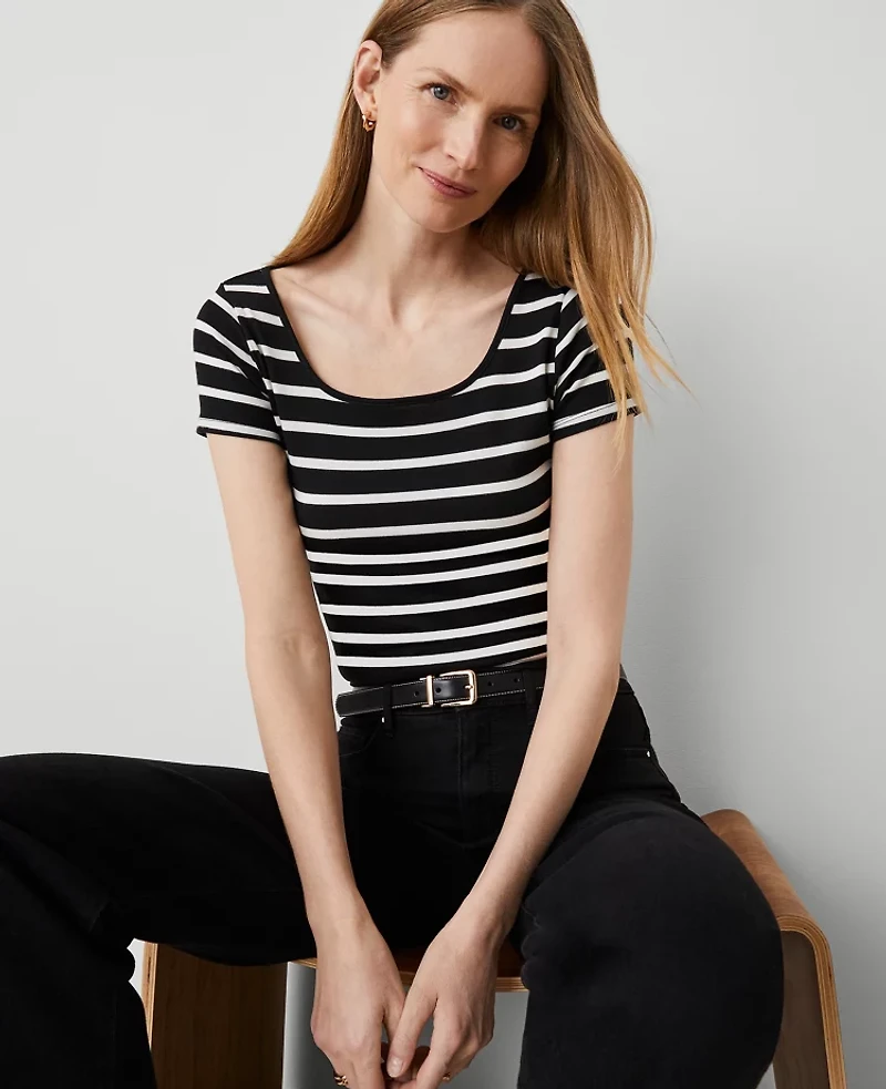 Ann Taylor Striped Square Neck T-Shirt Size XS Black Women's