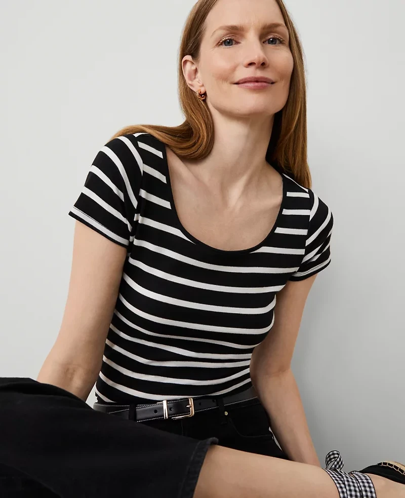 Ann Taylor Striped Square Neck T-Shirt Size XS Black Women's
