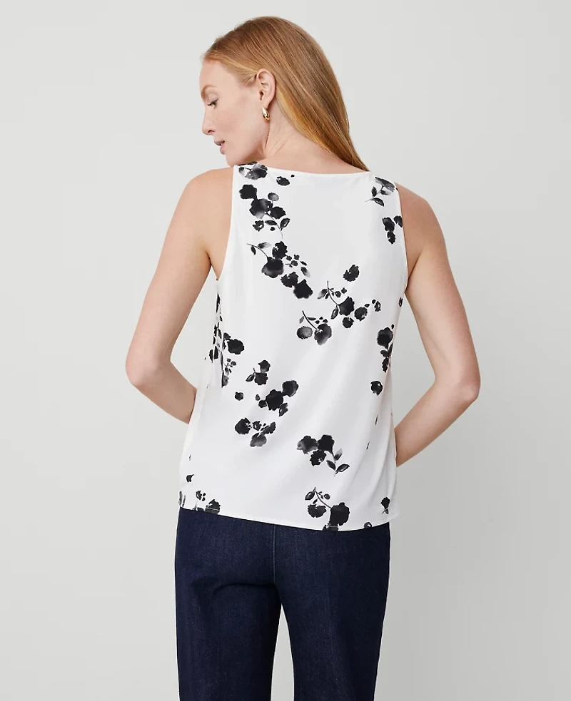 Ann Taylor Petite Floral Mixed Media V-Neck Tank Top Winter White- Black Women's
