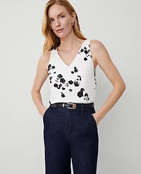 Ann Taylor Petite Floral Mixed Media V-Neck Tank Top Winter White- Black Women's