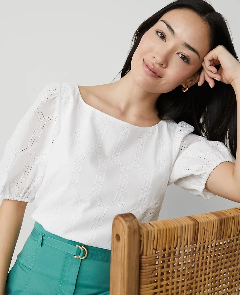 Ann Taylor Petite Eyelet Boatneck Popover Top White Women's