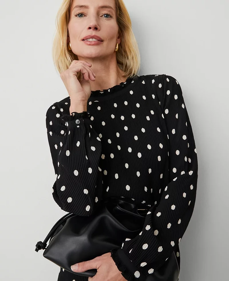Ann Taylor Petite Dotted Ruffle Popover Top Black Women's