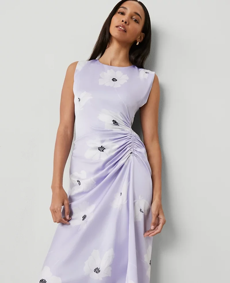 Ann Taylor Petite Floral Ruched Flare Dress Size 6 Lilac Bud Women's