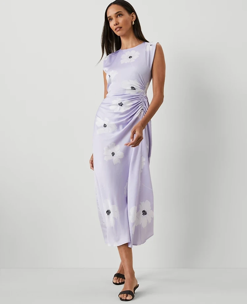 Ann Taylor Petite Floral Ruched Flare Dress Size 6 Lilac Bud Women's