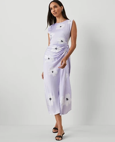 Ann Taylor Petite Floral Ruched Flare Dress Lilac Bud Women's