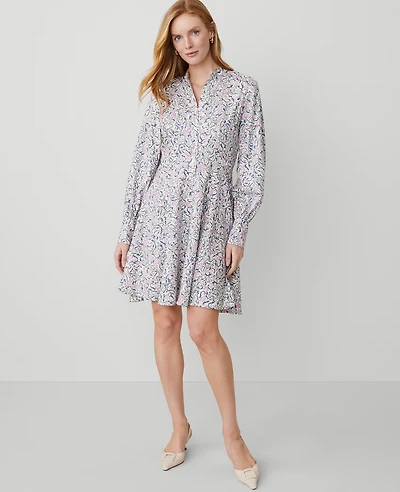 Ann Taylor Petite Floral Puff Sleeve Flare Dress Orchid Glow Women's