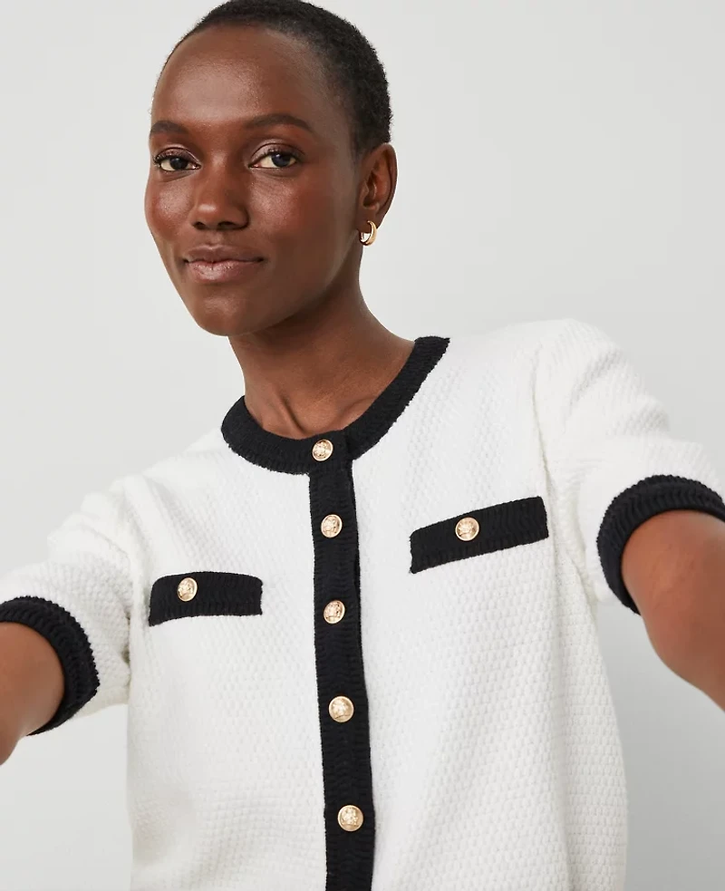 Ann Taylor Contrast Stitch Cardigan Size XL White/Black Multi Women's