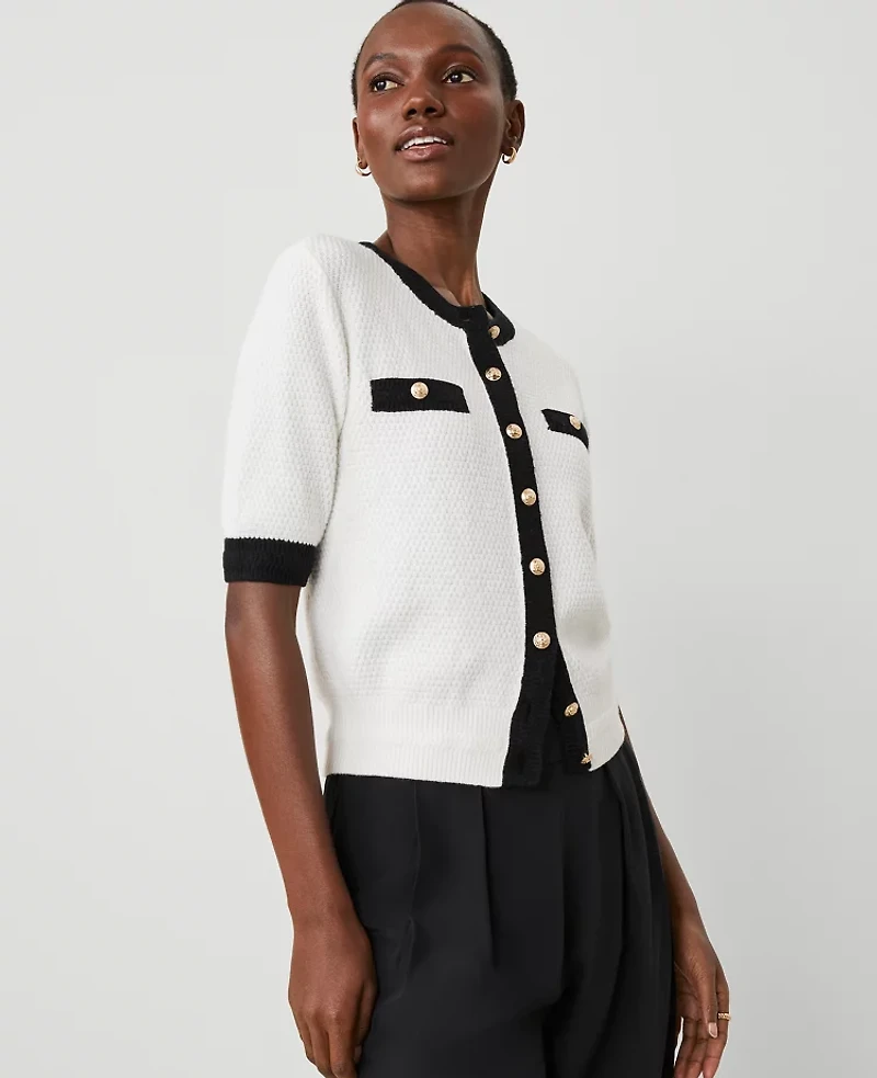 Ann Taylor Contrast Stitch Cardigan Size XL White/Black Multi Women's
