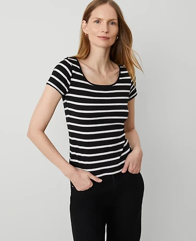 Ann Taylor Petite Striped Square Neck T-Shirt Size 2XS Black Women's
