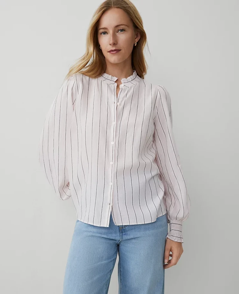 Ann Taylor Petite Striped Cutout Smocked Cuff Blouse Size Large Pink / Navy Women's
