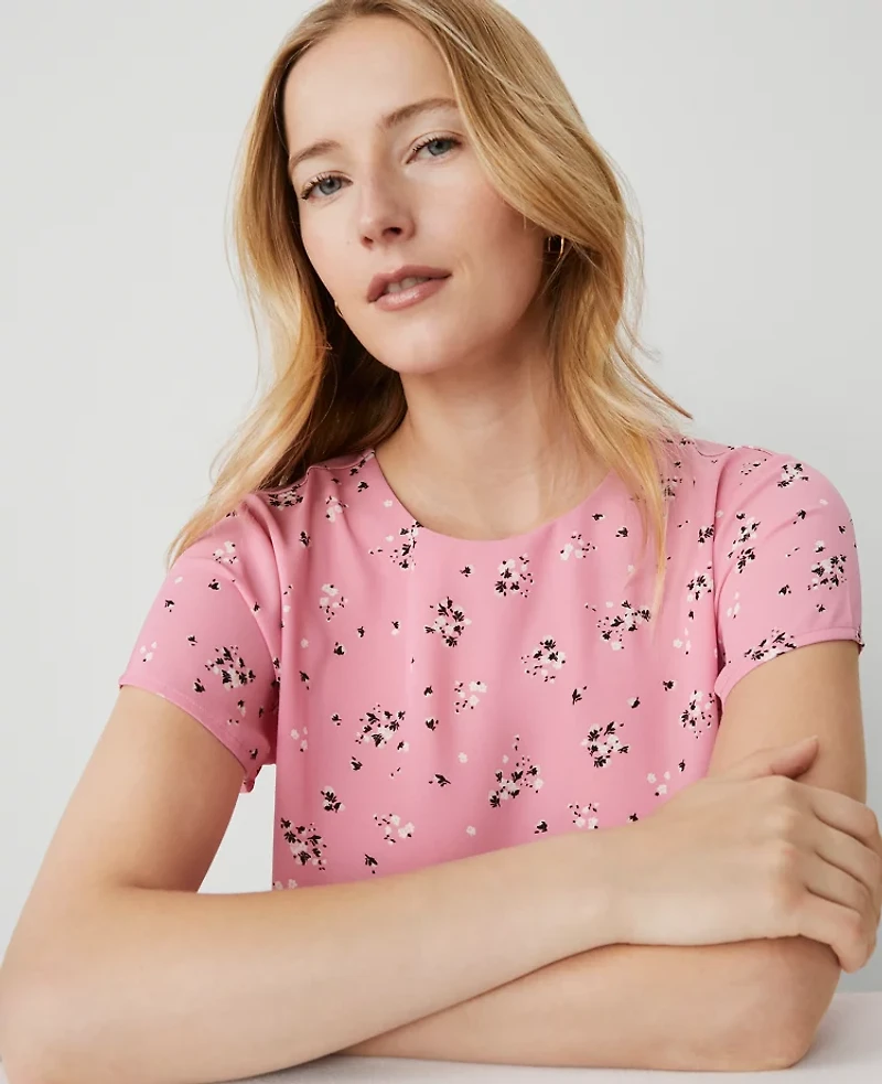 Ann Taylor Petite Floral Mixed Media T-Shirt Size 2XS Enchanted Pink Women's