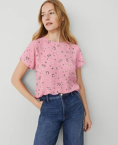 Ann Taylor Petite Floral Mixed Media T-Shirt Size 2XS Enchanted Pink Women's
