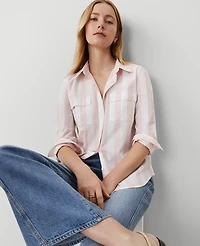 Ann Taylor Petite Weekend Collection Striped Pocket Blouse Size XS Soft Blush Women's