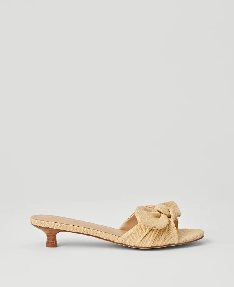 Ann Taylor Bow Straw Kitten Heel Sandals Natural Women's