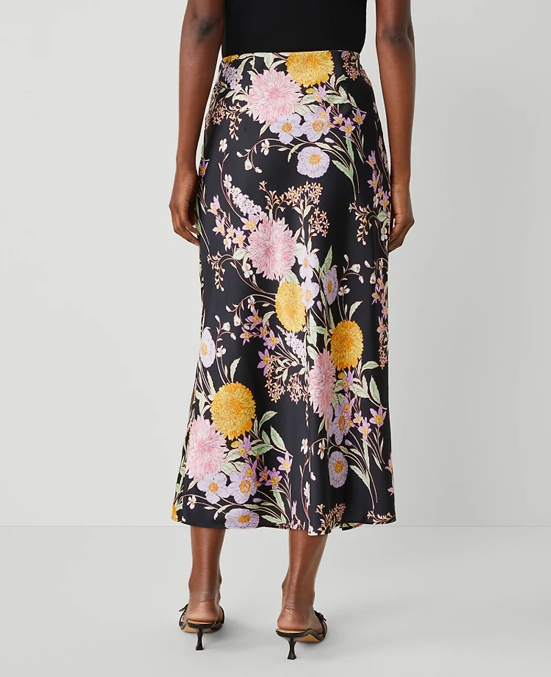 Ann Taylor Petite Floral Satin Bias Midi Slip Skirt Black B Women's