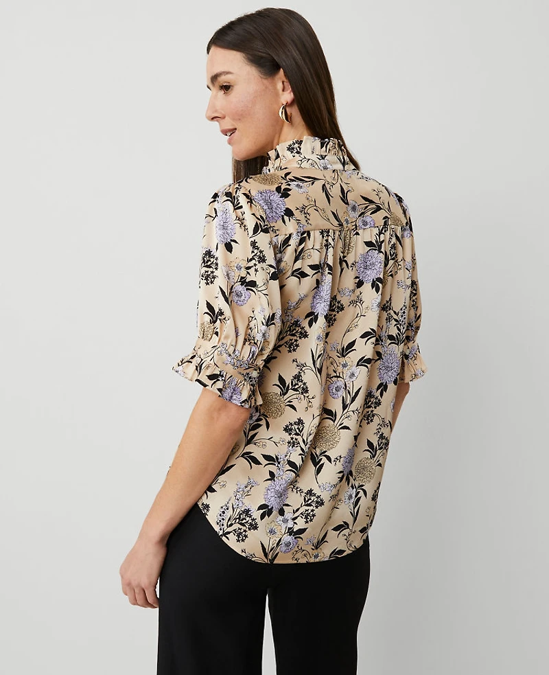Ann Taylor Floral Ruffle Collar Blouse Size Small Toasted Oat Women's