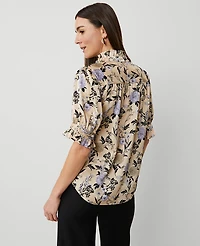 Ann Taylor Floral Ruffle Collar Blouse Size Small Toasted Oat Women's