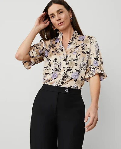 Ann Taylor Floral Ruffle Collar Blouse Size Small Toasted Oat Women's